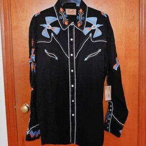 Vintage Scully Black Western Shirt, Front Snaps, Thunderbird Embroidery